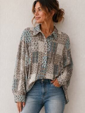 JACQUIE THE LABEL Patchwork Boho Button Up Shirt Cottagecore Western NWT Large